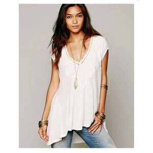 Free People Abigail Tee White Lace Embroidered V-Neck Boho Top - Size XS